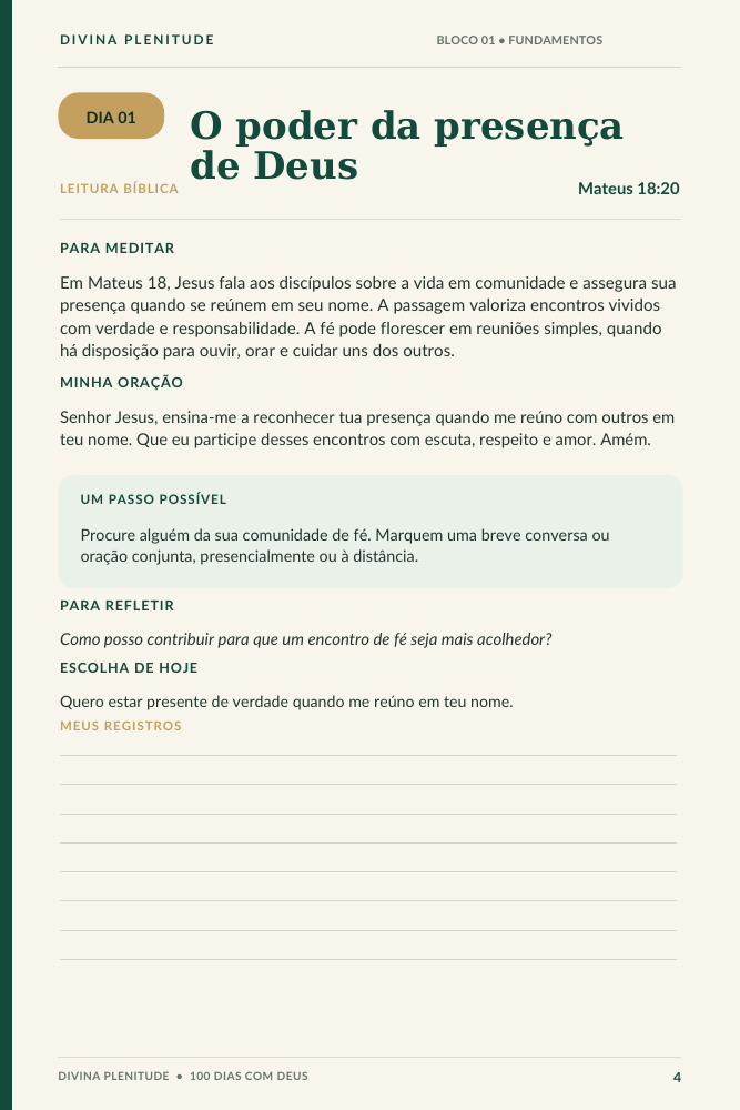 Página real do Dia 1: O poder da presença de Deus, com leitura, oração, prática e anotações