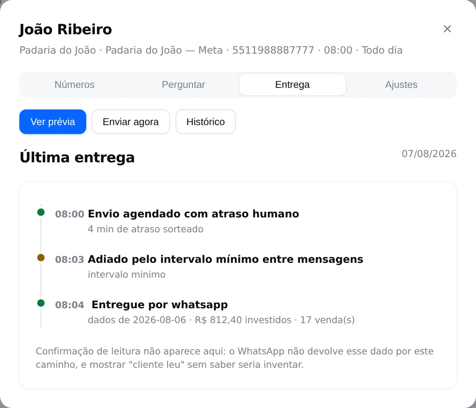 Aba Entrega: linha do tempo do envio com confirmação