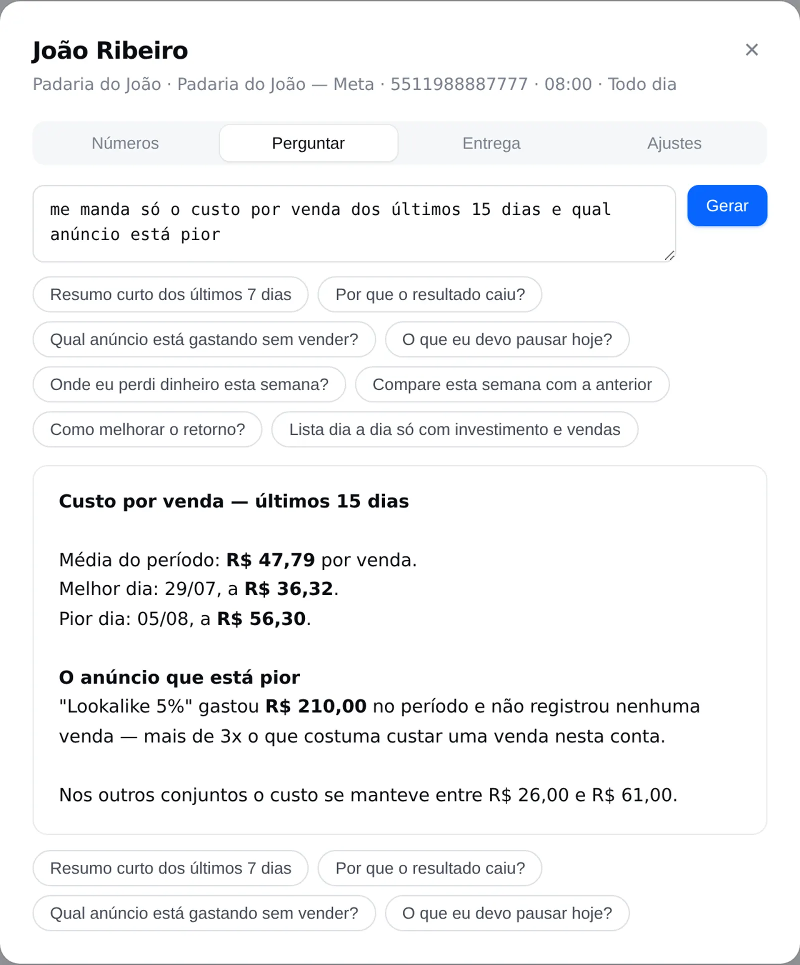 Aba Perguntar: pergunta escrita e resposta calculada do dado real